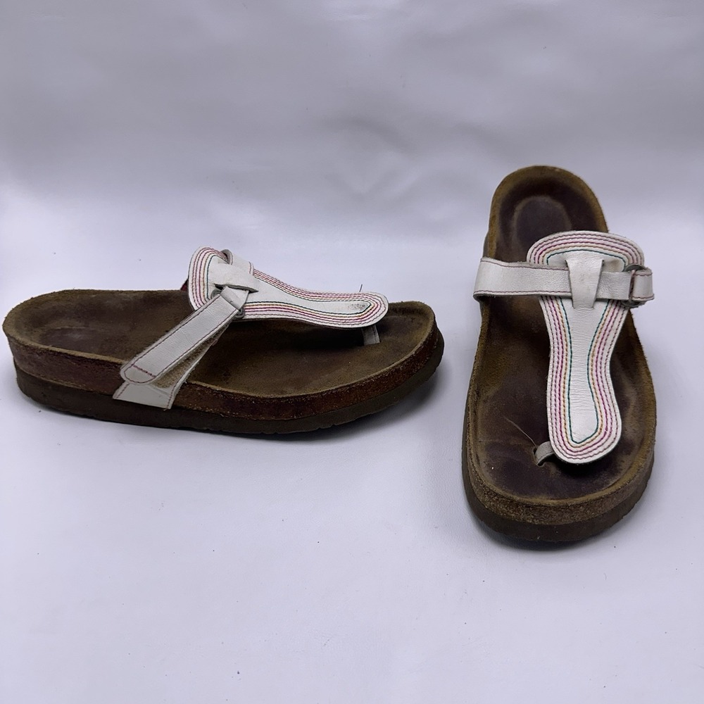 Naot Womens Sandal White Leather Rainbow Stitch T-Strap Thong Wedge 6.5 D34